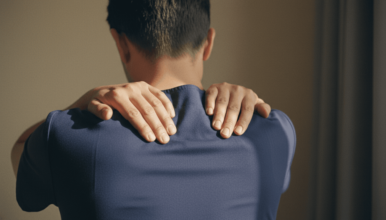 Healthcare worker pressing their own shoulders, eyes closed, in a quiet break room