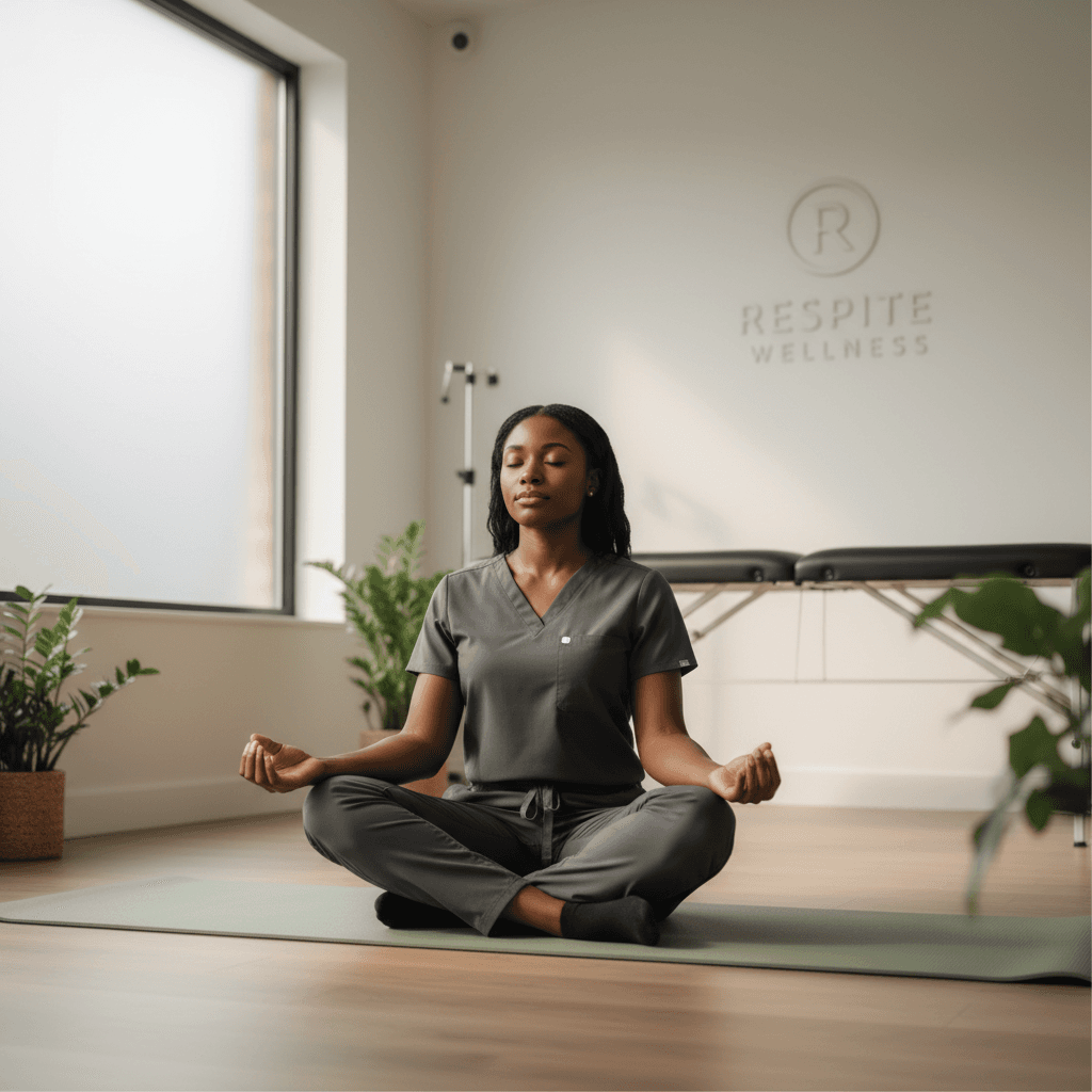 Black woman in grey scrubs meditates on a yoga mat in a bright wellness studio.