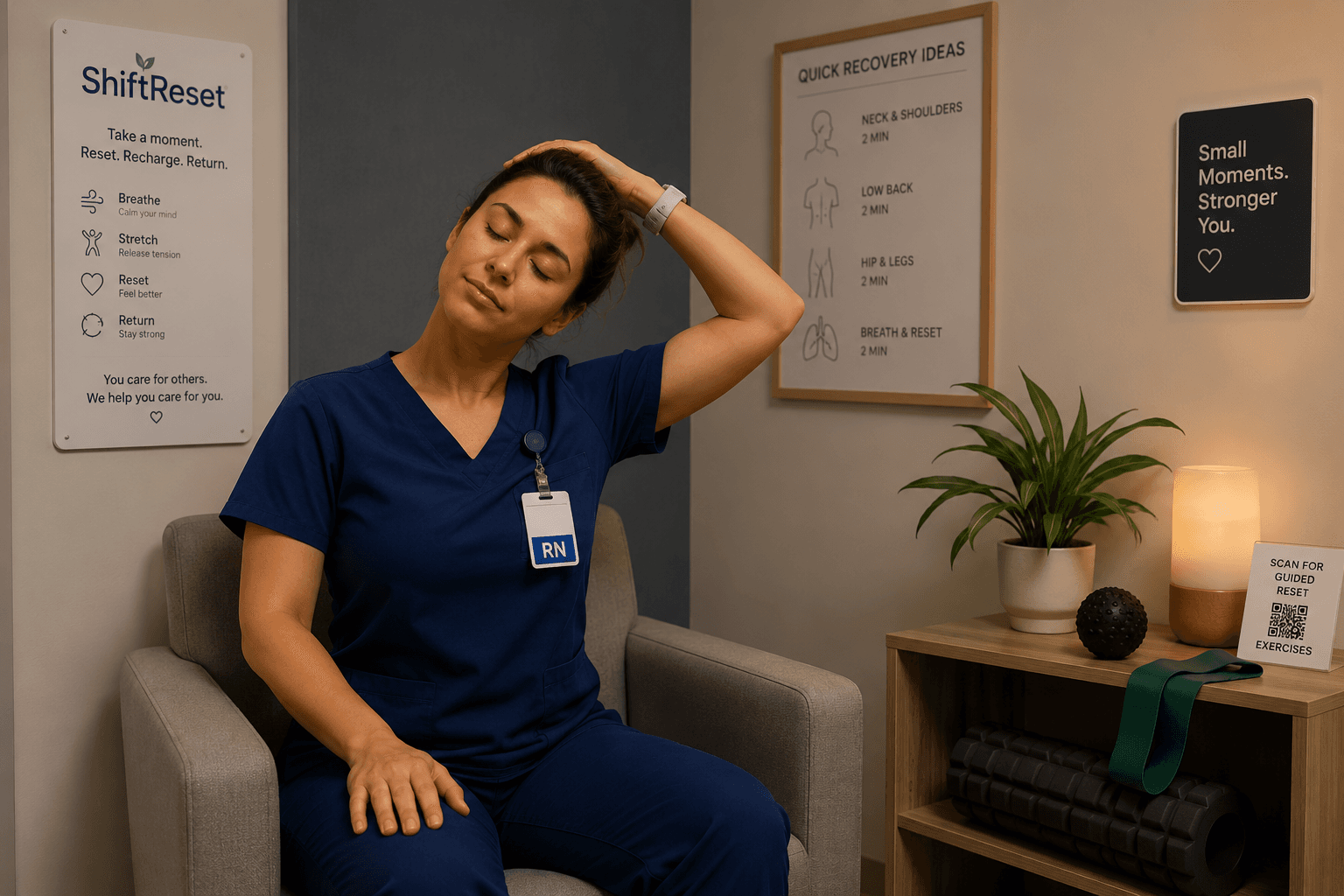 Nurse in blue scrubs sits, eyes closed, performing a neck stretch in a recovery room.