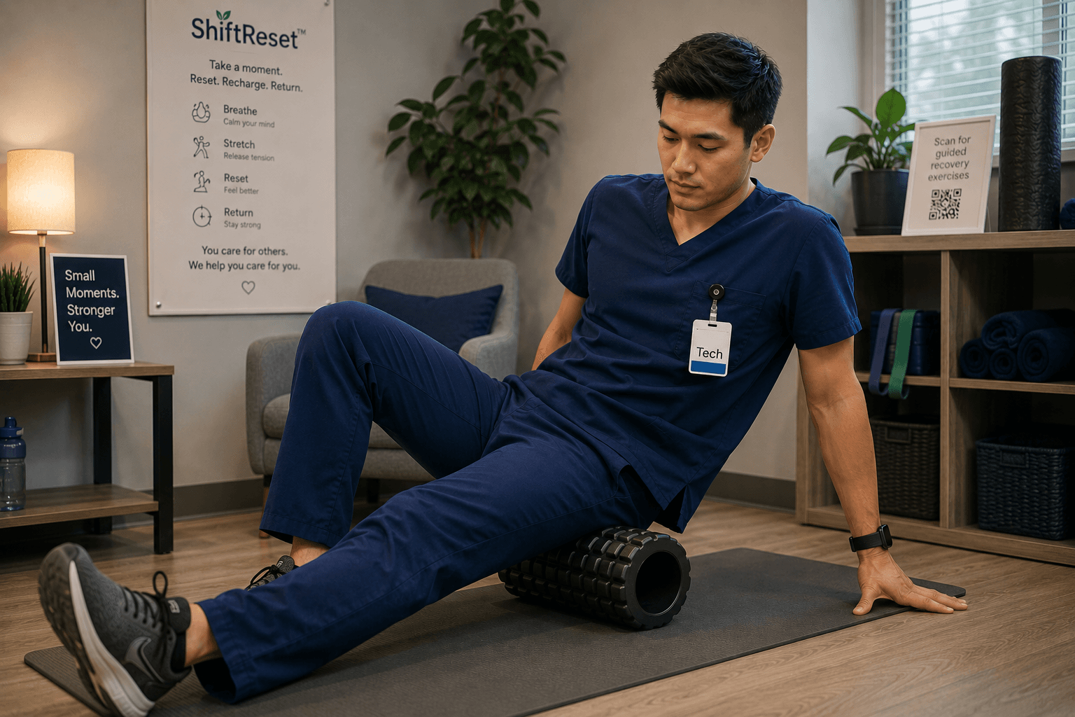 Healthcare worker in blue scrubs using a foam roller on a mat for recovery.